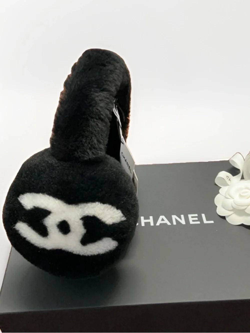 BNIB CHANEL Black White Logo Shearling Lamb Earmuffs
